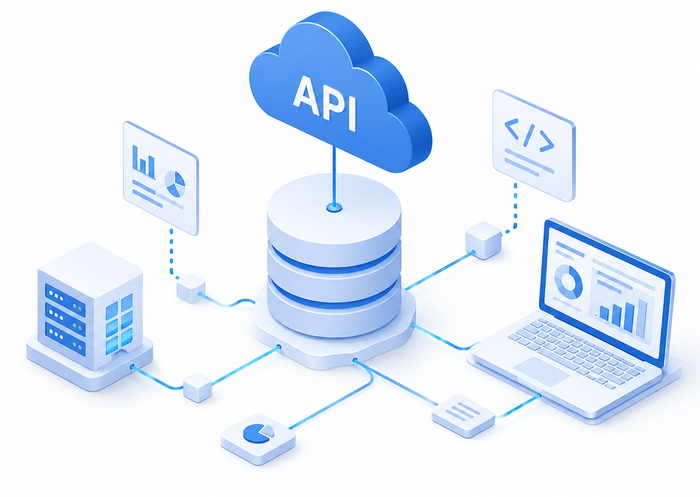 APIクラウドとデータベース、複数システムが連携するイラスト
